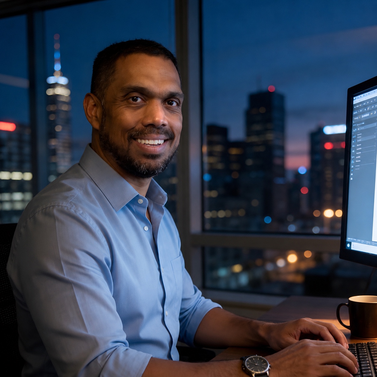 Allan Changar smiling at his desk.